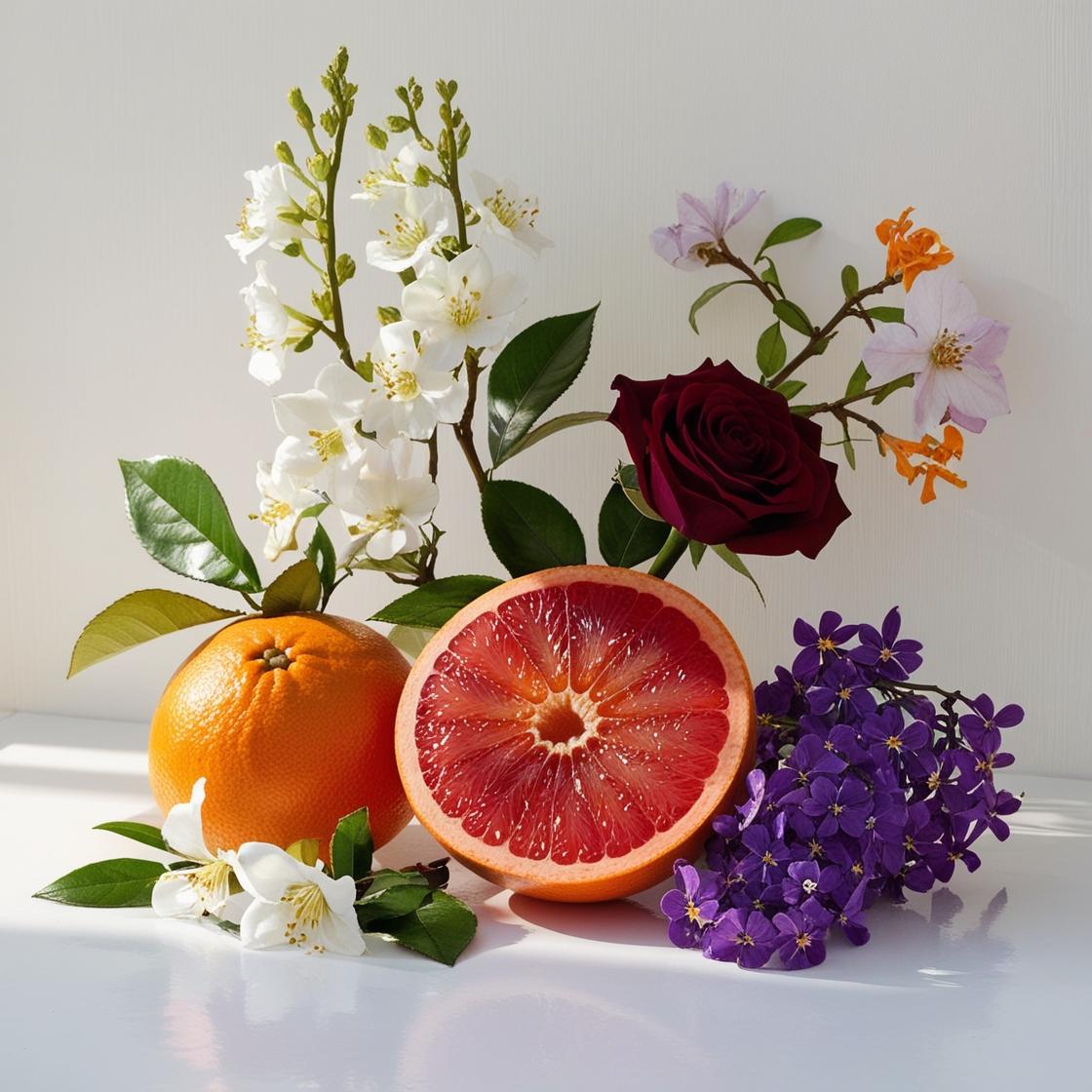 Grapefruit, orange blossom, rose and violet represent the olfactory notes of the perfume.