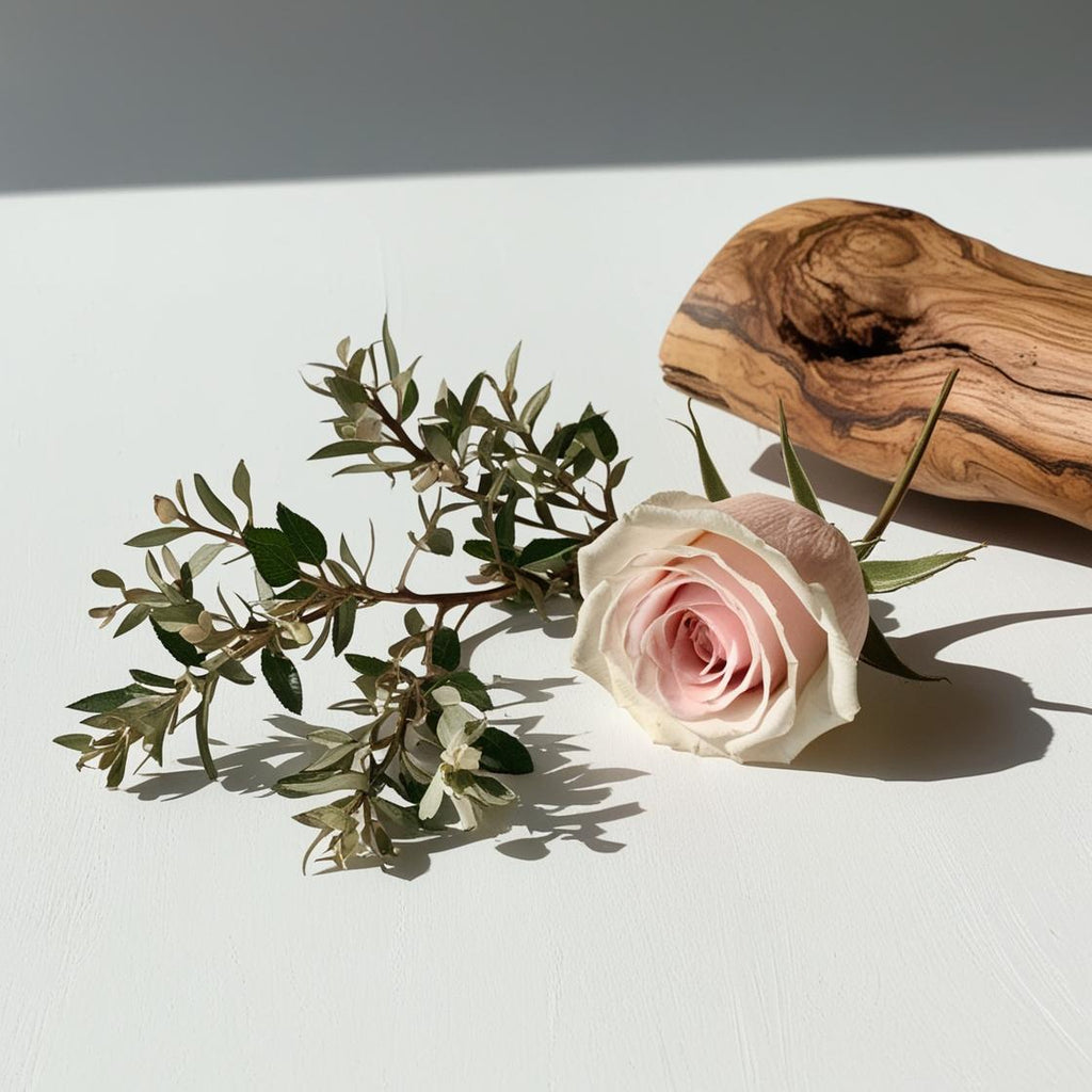 Rose and cedar representing the olfactory notes of the perfume.