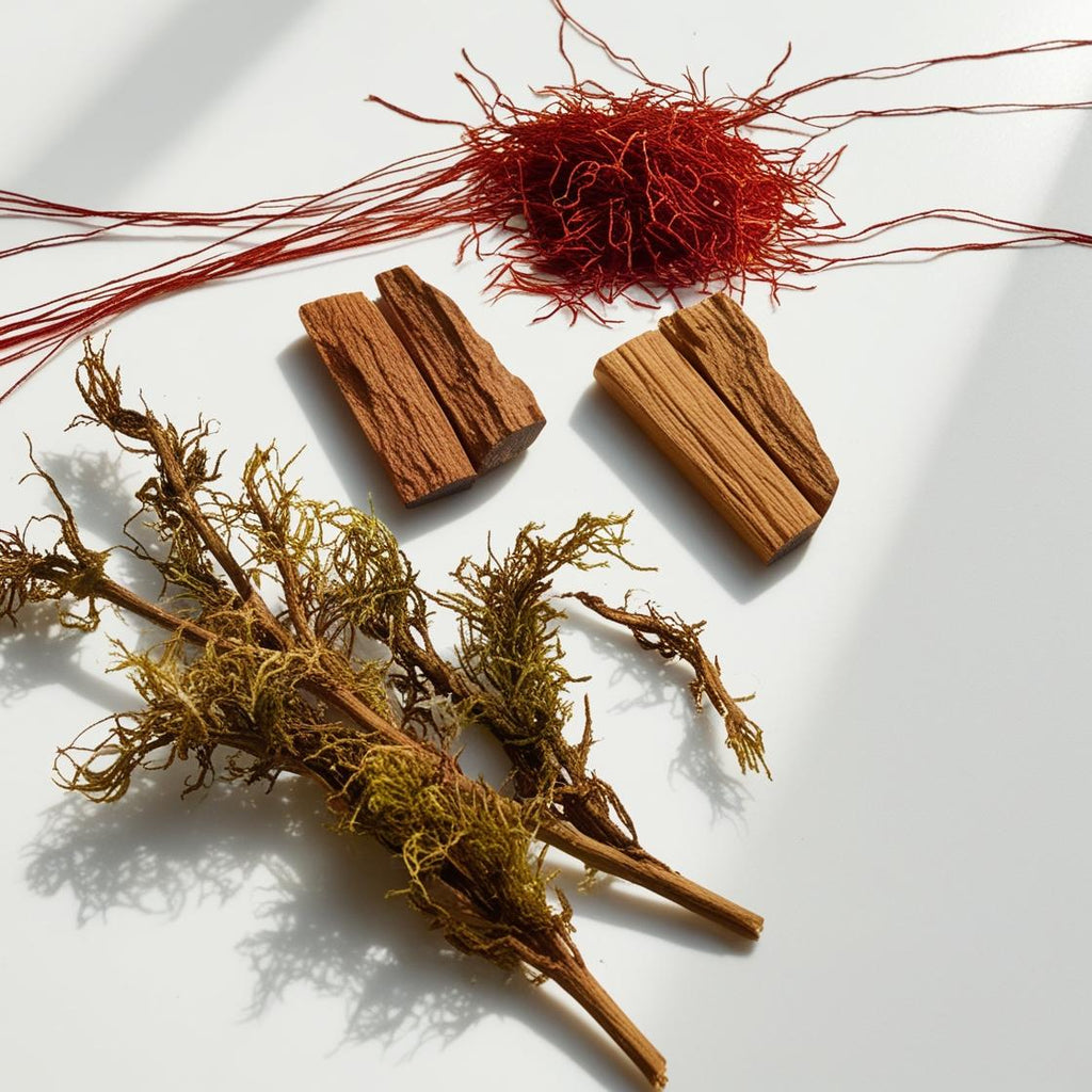 Saffron, moss and wood representing the olfactory notes of the perfume.