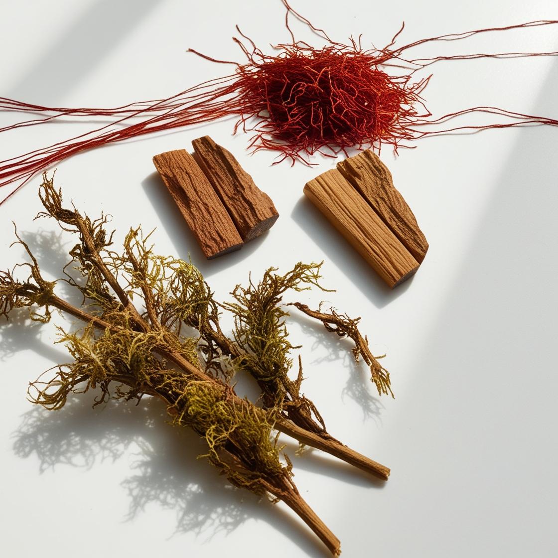 Saffron, moss and wood representing the olfactory notes of the perfume.