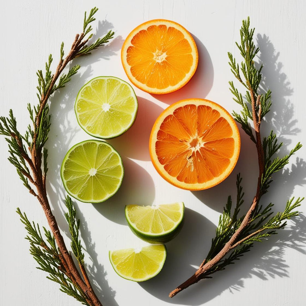 Orange, bergamot and cedar representing the olfactory notes of the perfume.