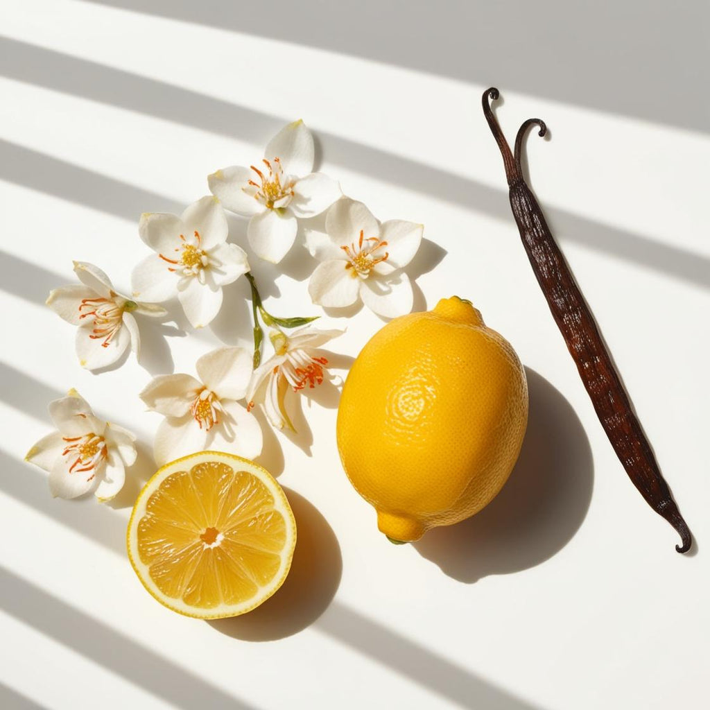 Olfactory notes of the perfume with fresh lemon, orange blossom, and vanilla.