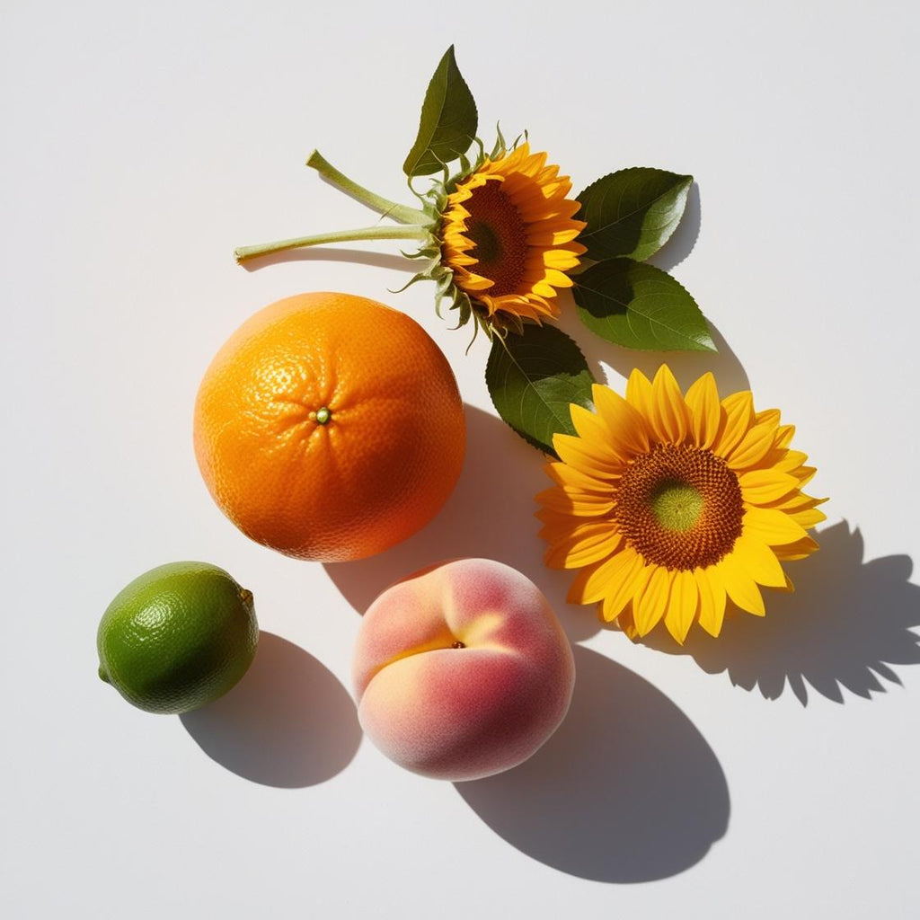 Sunflower, orange and peach represent the olfactory notes of the perfume.