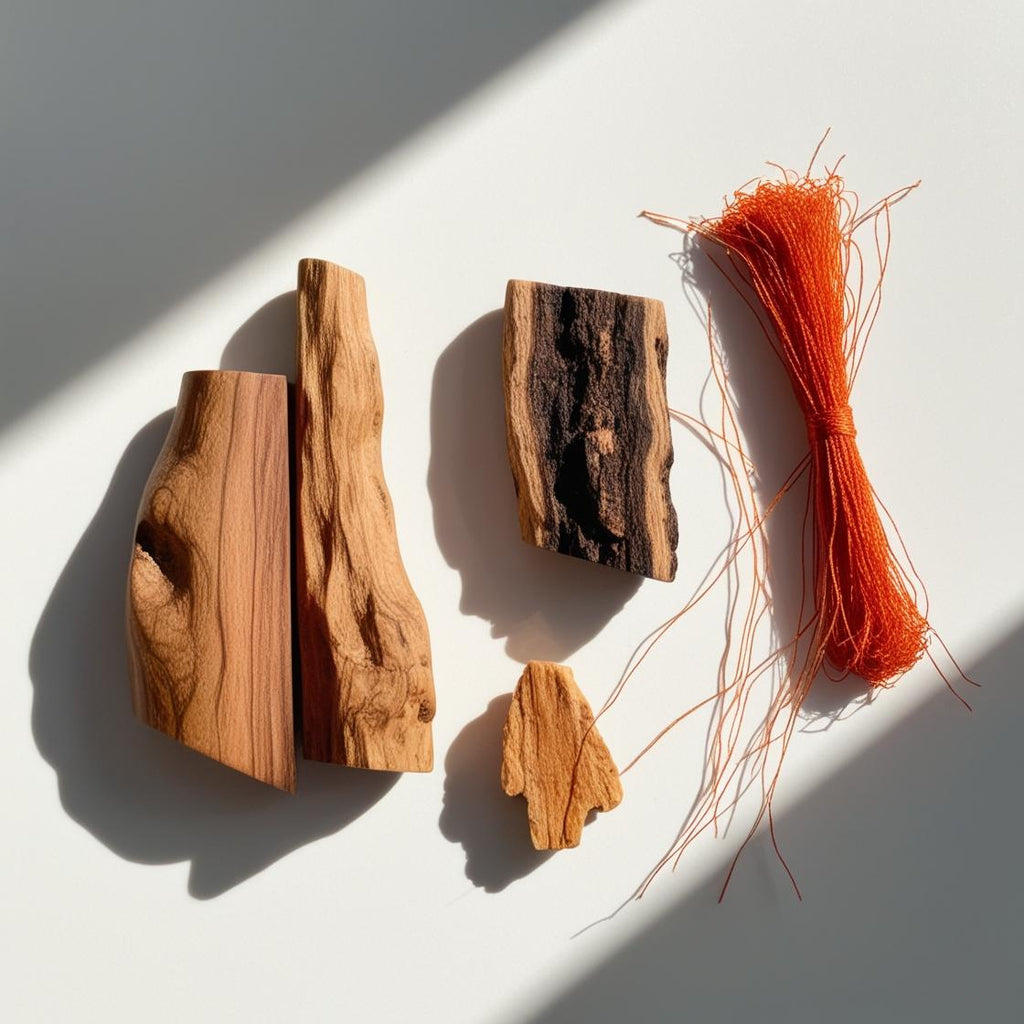 Saffron and wood representing the olfactory notes of the perfume.