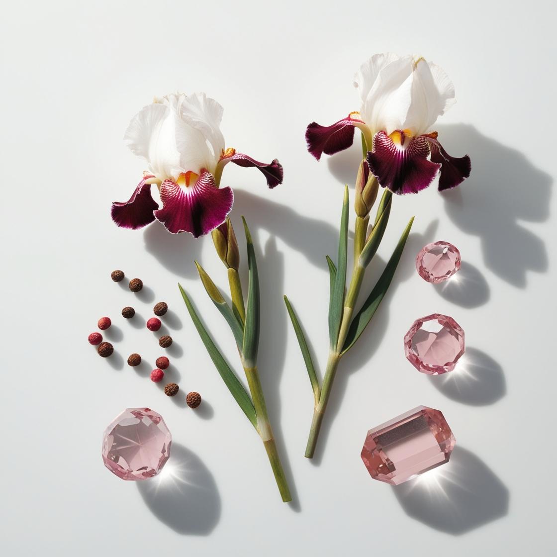 Olfactory notes of the perfume with iris, pink pepper, and mineral accents