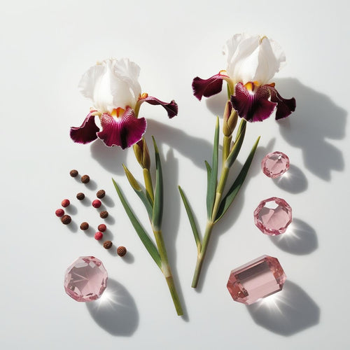 Olfactory notes of the perfume with iris, pink pepper, and mineral accents